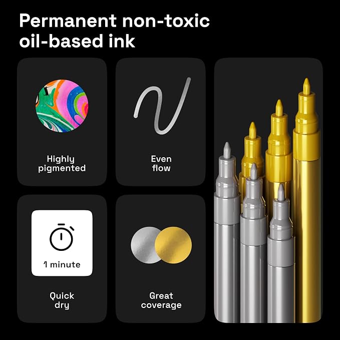 ARTISTRO 6 Gold & Silver Metallic Acrylic Paint Pens – 0.7mm Extra Fine Tip - Image 5