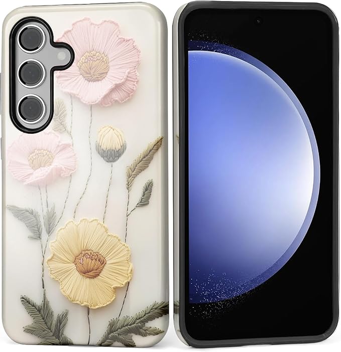 Case for Samsung Galaxy S25 Case, Faux Embroidery Boho Floral Design Hybrid by Kapadiy