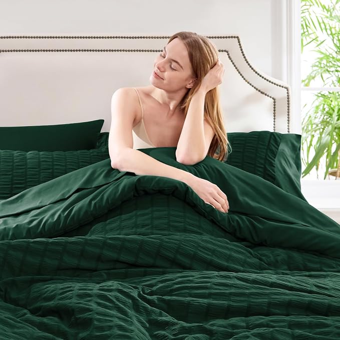 CozyLux Oversized King Comforter Set Emerald Green Seersucker 7 Pieces 120x98 - Image 7