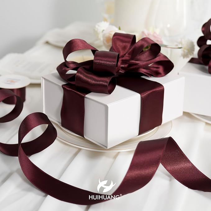 HUIHUANG Burgundy Satin Wired Ribbon 2.5 inch Wine Red Double-Faced Satin Wire - Image 3