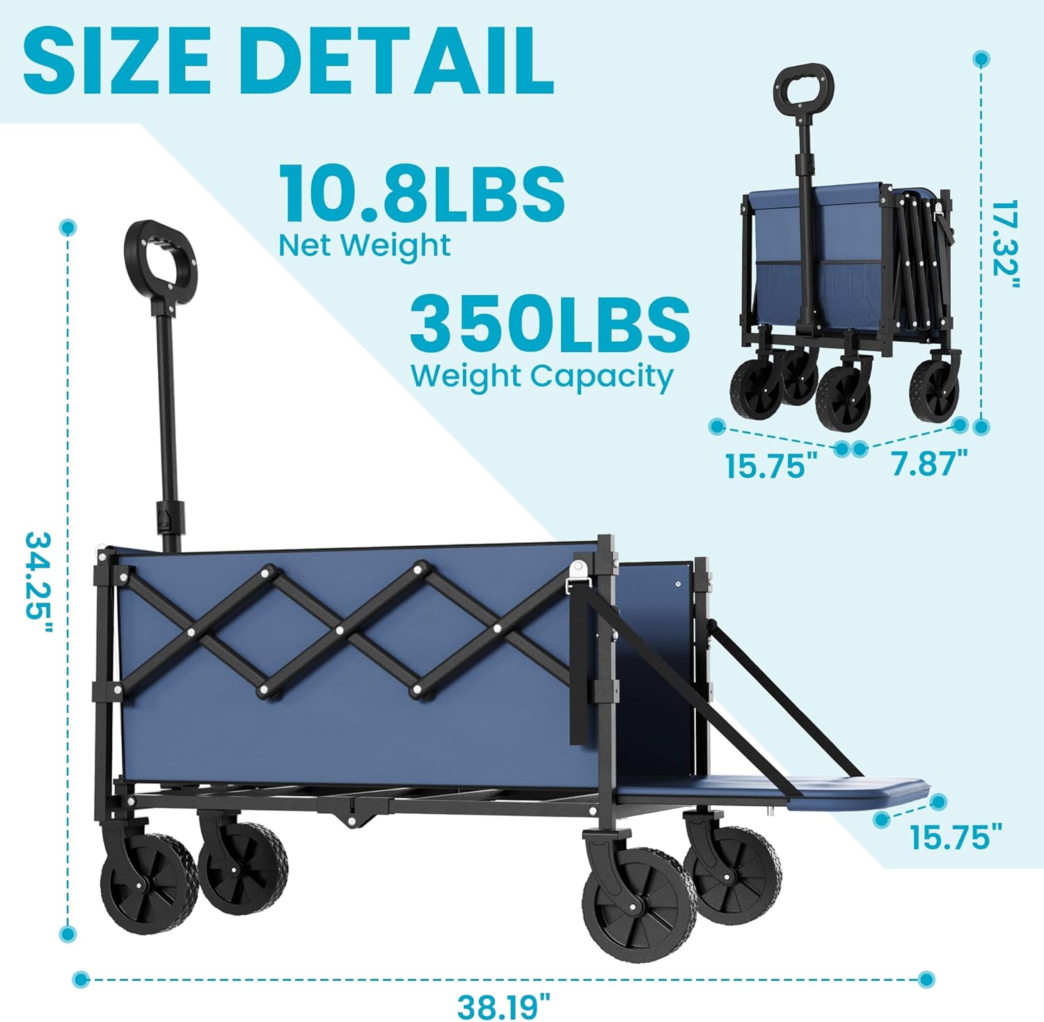 Collapsible Folding Wagon with Tailgate, Wagons Carts Foldable with 350lbs Capacity, Lightweight Portable Utility Wagon Cart for Shopping Camping Sports Garden (Navy)