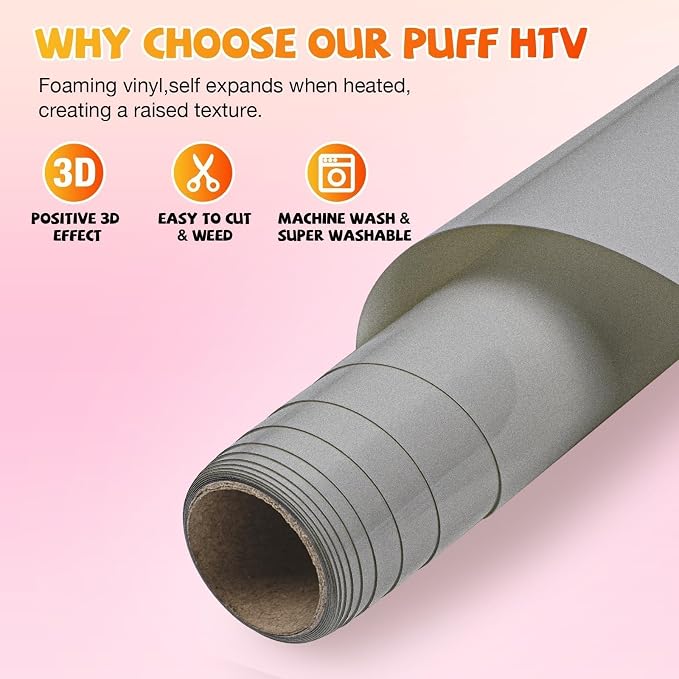 VinylRus Silver Puff Heat Transfer Vinyl -12” x 6ft Puffy 3D Grey Iron on Vinyl - Image 5