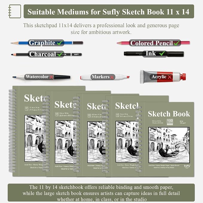 SuFly 11x14 Sketchbook, 100 Sheets Hardcover Sketch Book, 68lb/100gsm Artist - Image 5