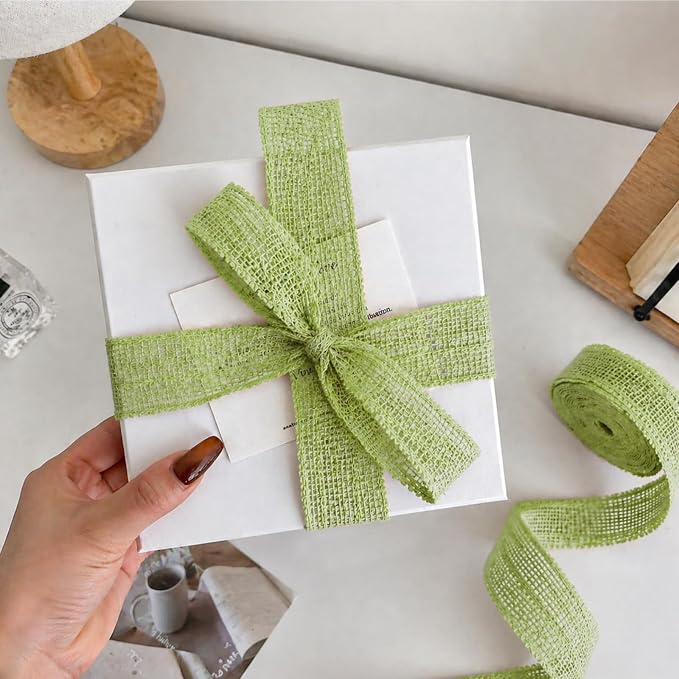 Sage Green Burlap Ribbon 1-1/2 inch X 10 Yard Green Wired Ribbon | Natural - Image 2