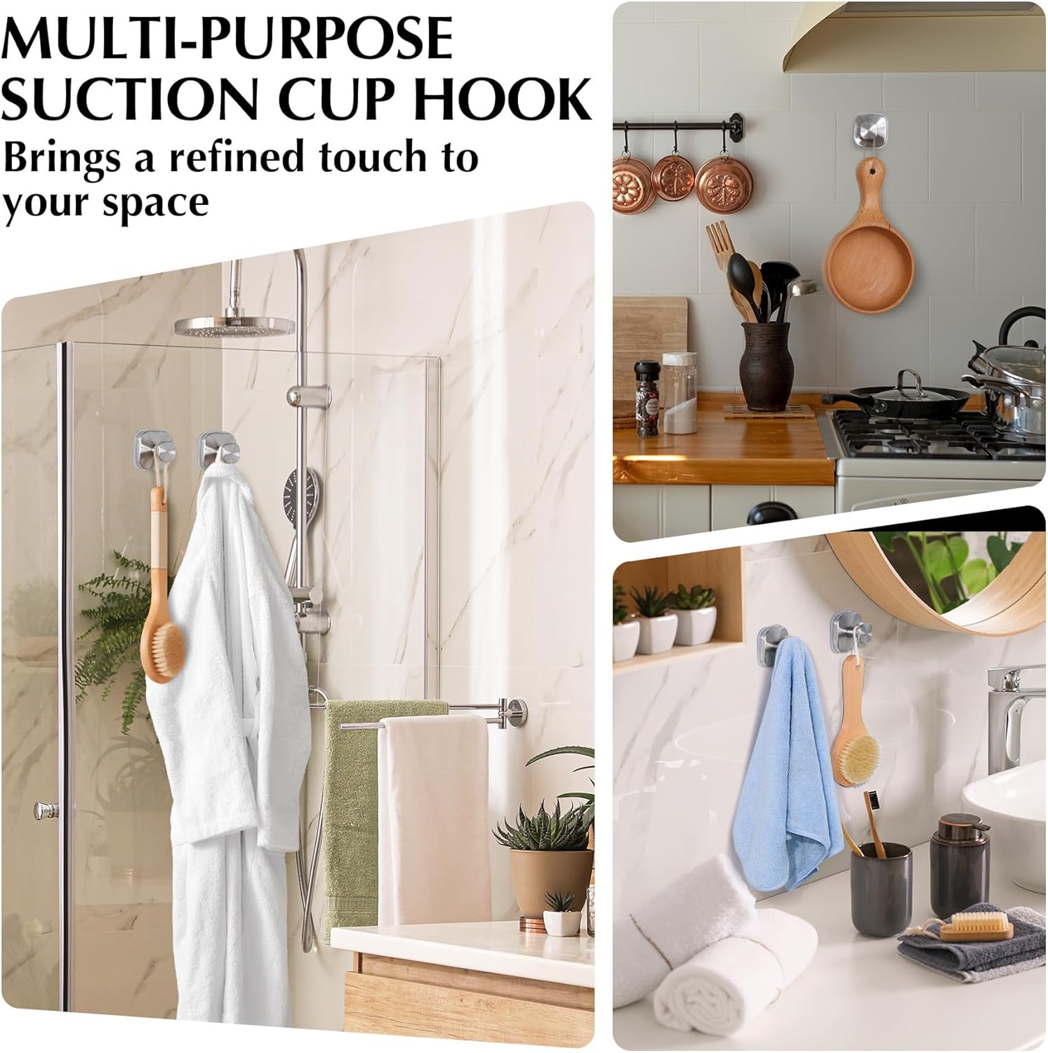 Suction Cup Hooks for Shower - Reusable No-Drill Mounting - Hooks for Towels, Robes & Loofah on Metal, Glass, Mirrors, Tile & Smooth Non-Porous Surfaces (4, Brushed Nickel)