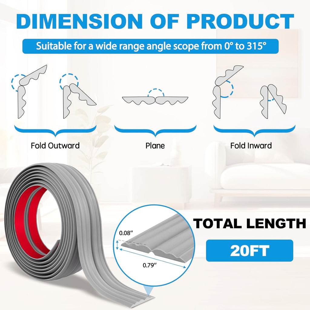 Wall Corner Protector Peel and Stick Corner Trim Molding Flexible Inside & Outside Wall Edge Guard Self Adhesive Moulding Trim for Edge Use, Gray, 0.8” W x 20’ L