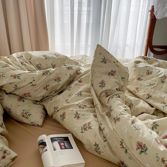 MKXI Yellowish Beige & Red Floral Duvet Cover Set Twin Size - Image 6