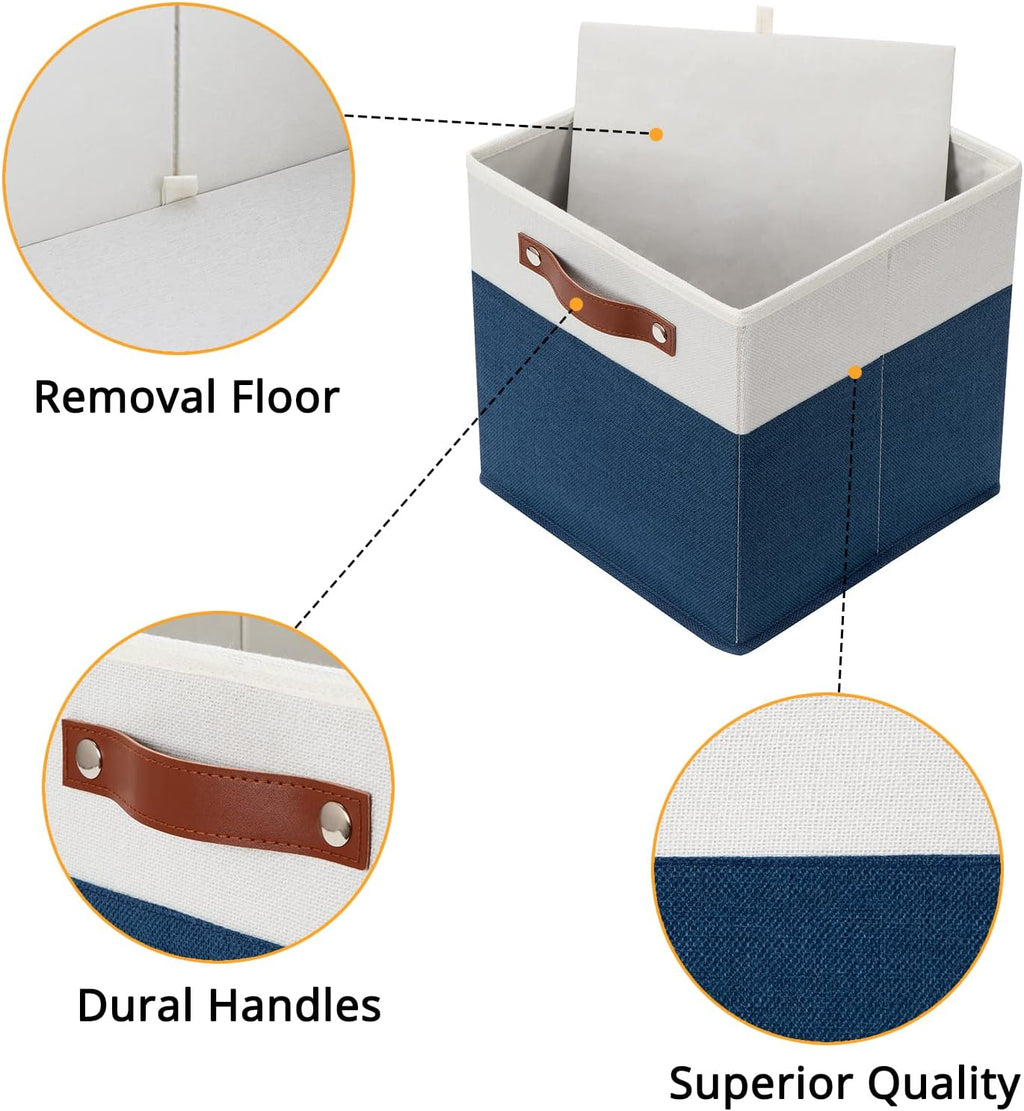DULLEMELO Fabric Bins for Cube 11x11, Gift Baskets Empty for Boy Girl Mother Father Christmas Festival,Fabric Storage Bins Cube Organizer Baskets With Leather Handles(White&Blue)