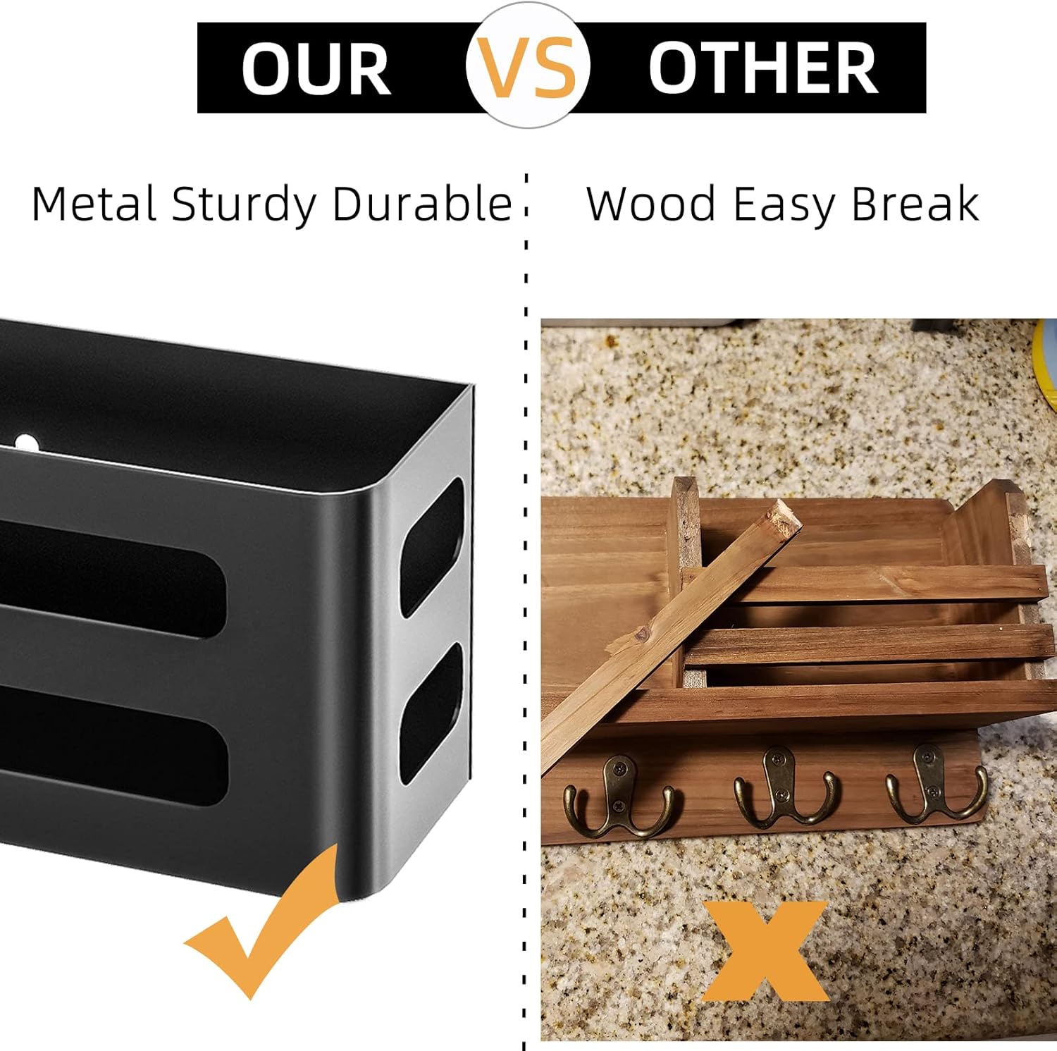 MKO Key Holder for Wall, Mail Organizer Key Rack with Tray, Key Holder Adhesive Wall Mount, 4 Hooks(Black)