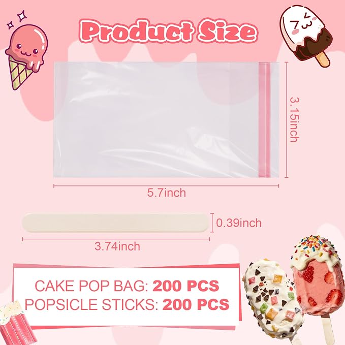 Ozera 200 Pcs Ice Pop Bags and Popsicle Sticks, Cakesicle Bags - Image 3