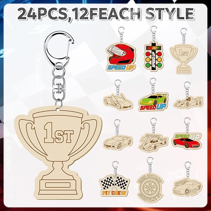 RattanView 24 Pcs Race Car Craft Color Your Own Keychains Diy Craft Wooden - Image 2