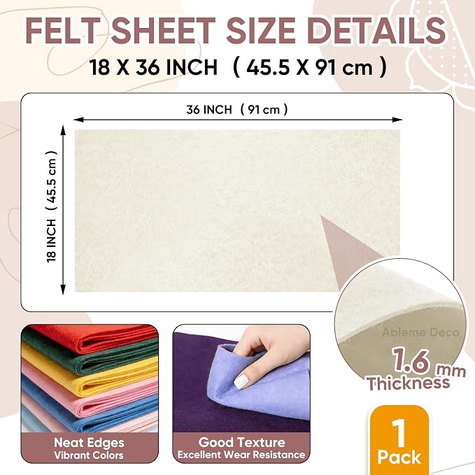 Soft Felt Fabric Sheet 18" x 36", 1.6mm Acrylic Craft Felt, Ivory | Soft Thick - Image 3