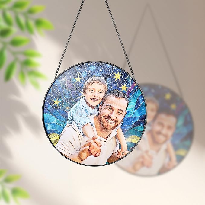 Personalized Dad Photo Stained Glass Suncatcher, Stained Glass Window Hanging - Image 4