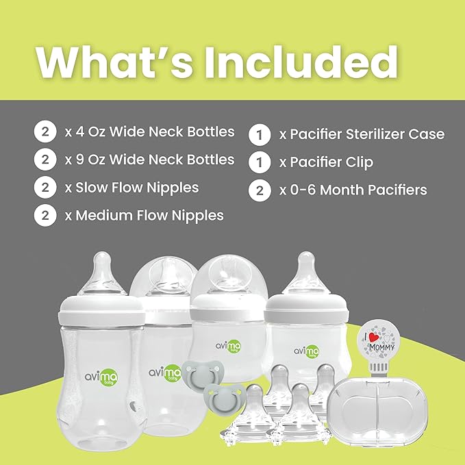 Avima Baby Wide Neck Bottle Starter Kit – 12 Piece Set. Anti Colic Feeding Set w/ 4 oz & 9 oz Baby Bottles, Slow & Medium Flow Nipples & Pacifiers, BPA Free