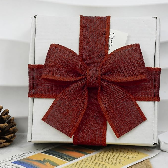 Burgundy Burlap Ribbon 1-1/2 inch X 10 Yard Dark Red Wired Ribbon | Natural - Image 5