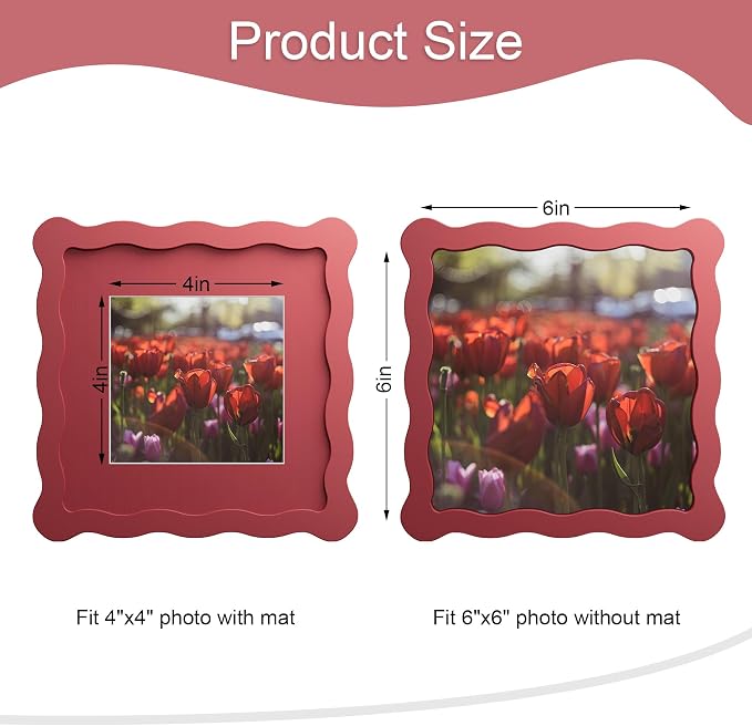 6x6 Picture Frame with Mat for 4x4, Wavy Edge Wooden Real Glass Photo Frame for - Image 3