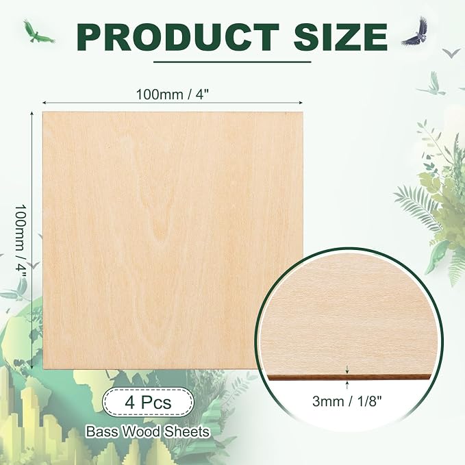 HARFINGTON 4pcs 3mm Basswood Plywood Sheets 4" x 4" x 1/8" Thin Unfinished - Image 2