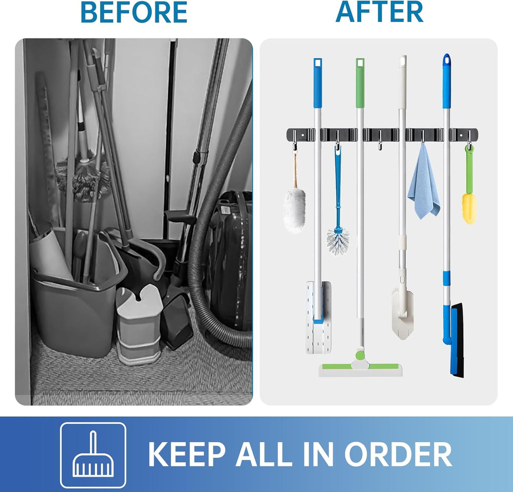 ZONGOOL 4 Racks and 5 Hooks Broom Holder Wall Mount Mop Hanger Wall Mount Metal Organization Tool Organizer Wall Hanging for Home Kitchen Garden Laundry Garage (Black)