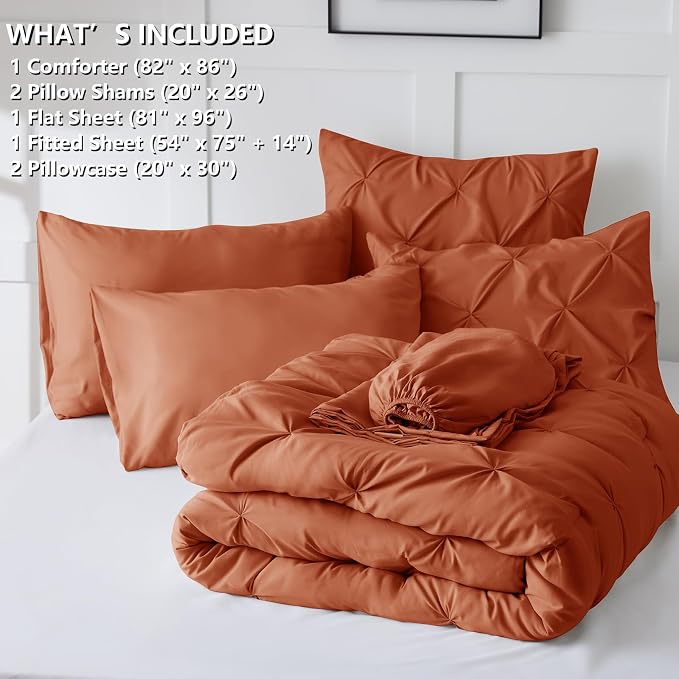 HIMEET Pintuck Bed in a Bag, 7 Pieces Full Size Comforter Set Burnt Orange - Image 8