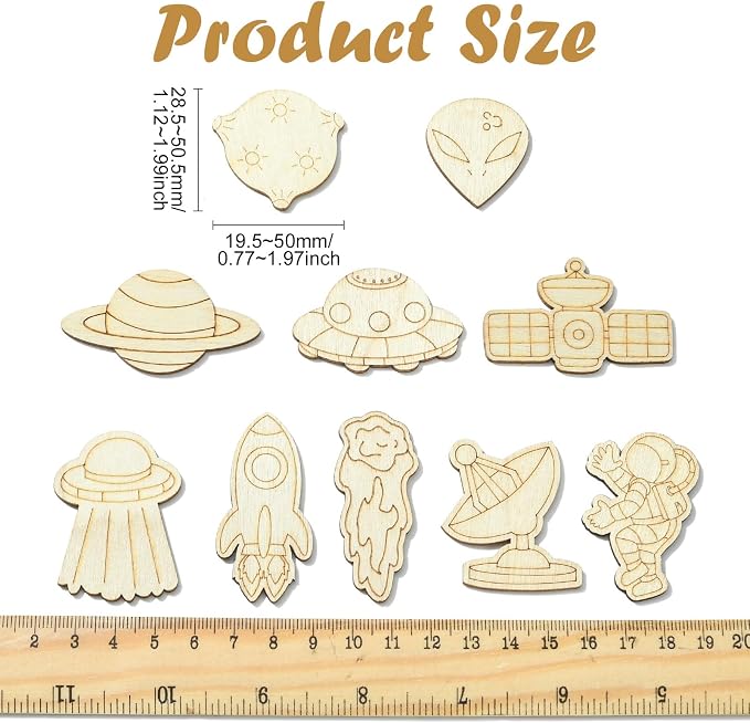 100 pcs Mixed Styles Universe Theme Unfinished Wooden Cutout Charms Alien - Image 2