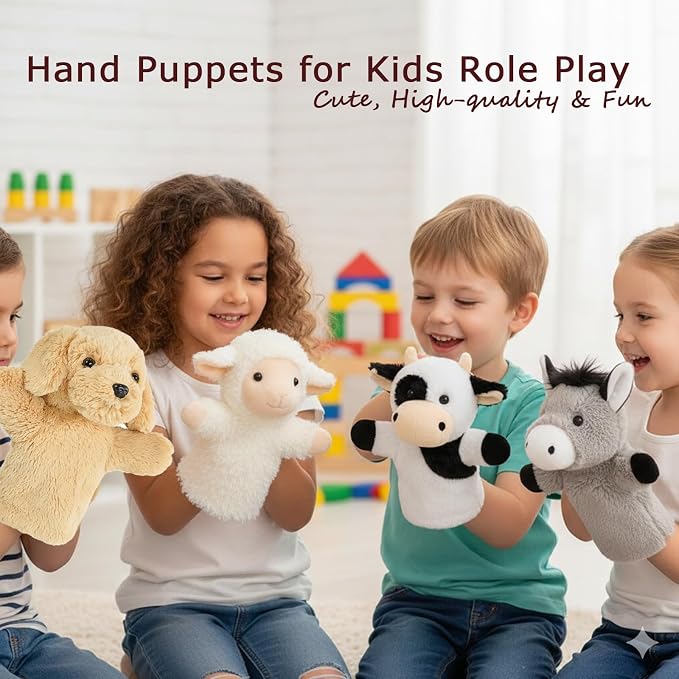 4 PCS 11'' Farm Animal Hand Puppet Set Soft Realistic Plush Puppets Toys Sheep - Image 5