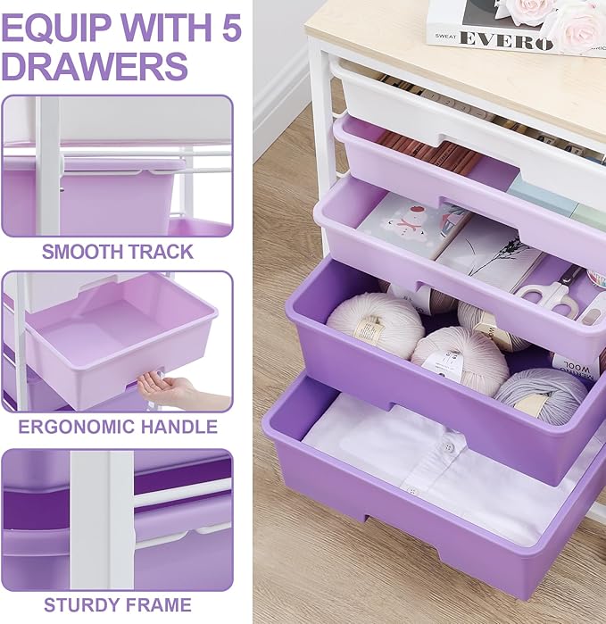 SYKIARIOL Utility Cart with 5 Drawers, Storage Drawer Cart with Wooden Tabletop - Image 4