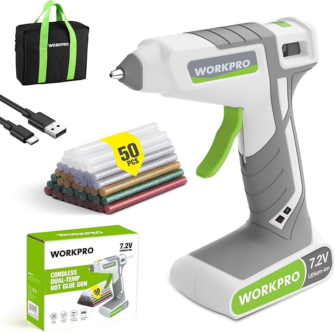 WORKPRO Cordless Hot Glue Gun, 30s Fast Preheating, 7.2V Dual-Temp Glue Gun Kit by WORKPRO