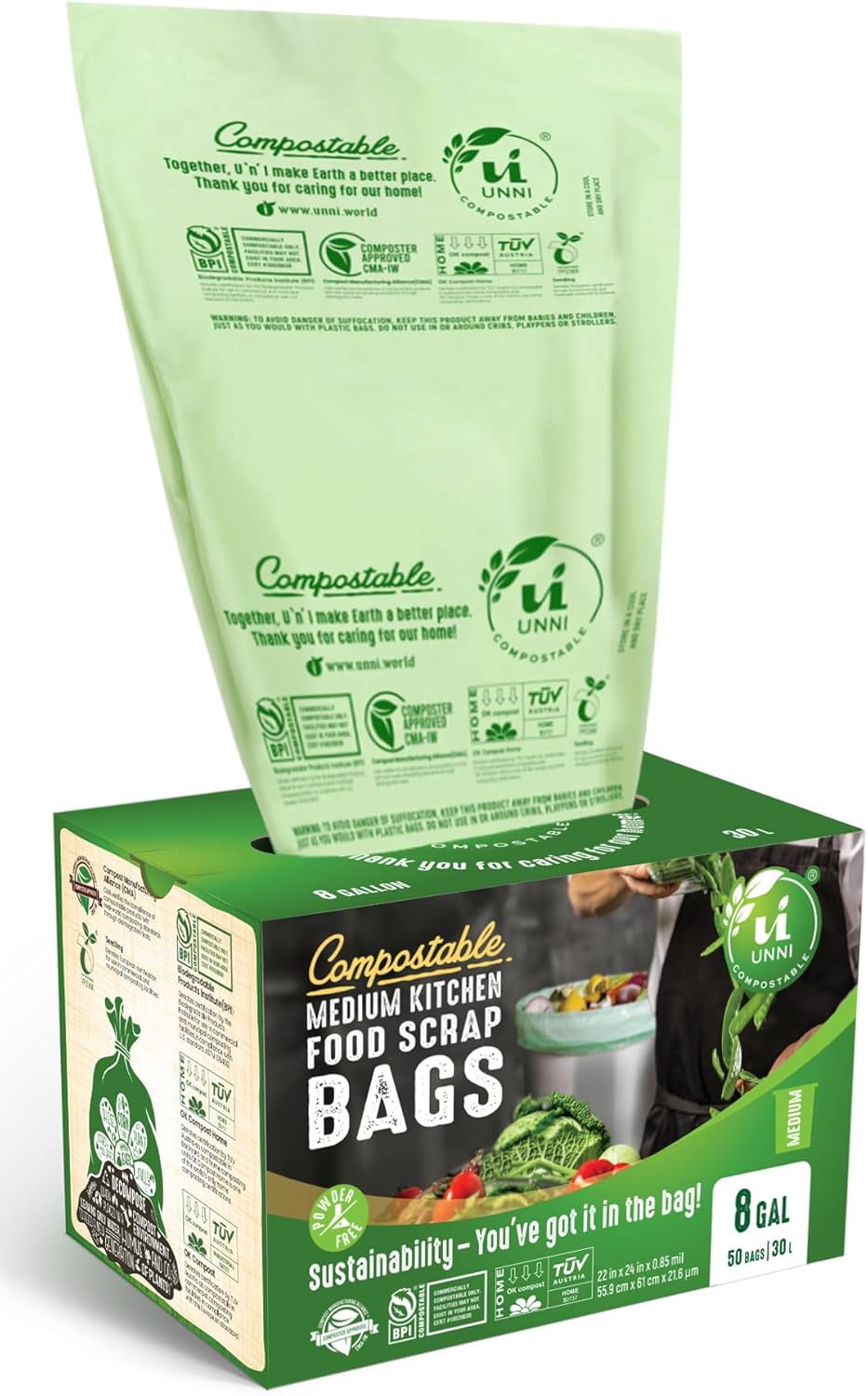 UNNI Compostable Trash Bags, 8 Gallon / 30 Liter, 50 Count, Extra Thick 0.85 mil Medium Kitchen Food Scrap Bin Liners, Certified by BPI, CMA & OK compost HOME, Meets the ASTM D6400 Standard