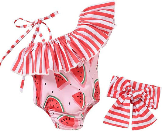 Toddler Baby Girls Ruffles Bikini One Piece Swimsuits Floral Off Shoulder Swimwear Beach Bathing Suit