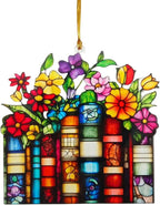 Book Lover Gifts for Women Acrylic Faux Stained Glass Window Hanging, Floral by Comasol