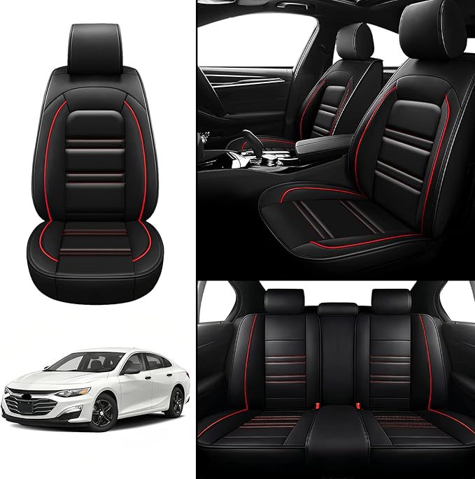 Seat Covers for Chevy Malibu 2004-2025 | 5-Seats Leather Seat Covers, Easy to Install Automotive Seat Covers Full Set (Full Set, Black&Red Line)