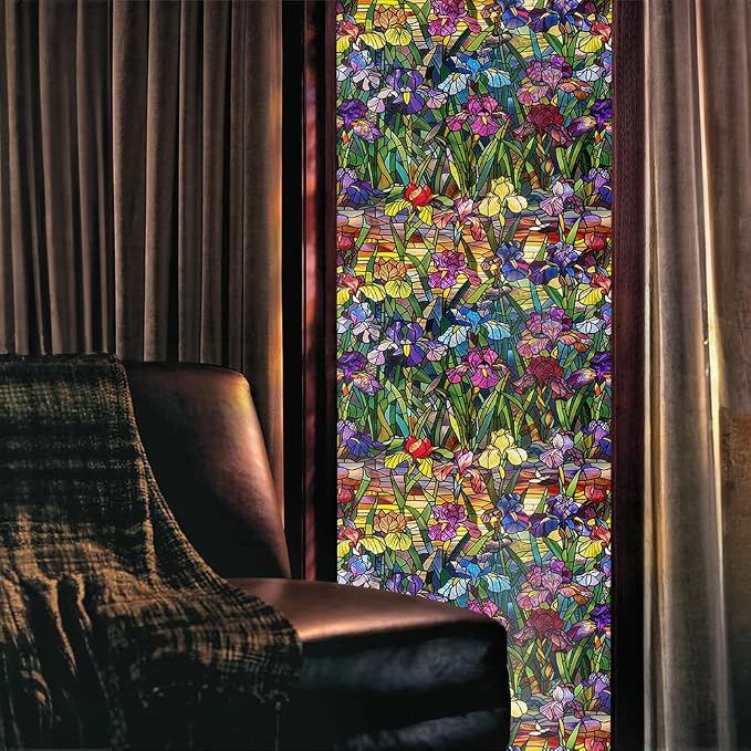 Colorful Purple Red Yellow Iris Flowers Stained Glass Window Films Decorative - Image 2