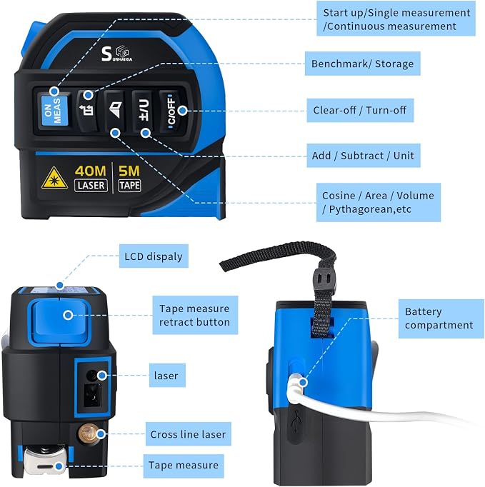 4-in-1 Laser Tape Measure with Laser Level Crosshairs |130ft/40m Laser - Image 2