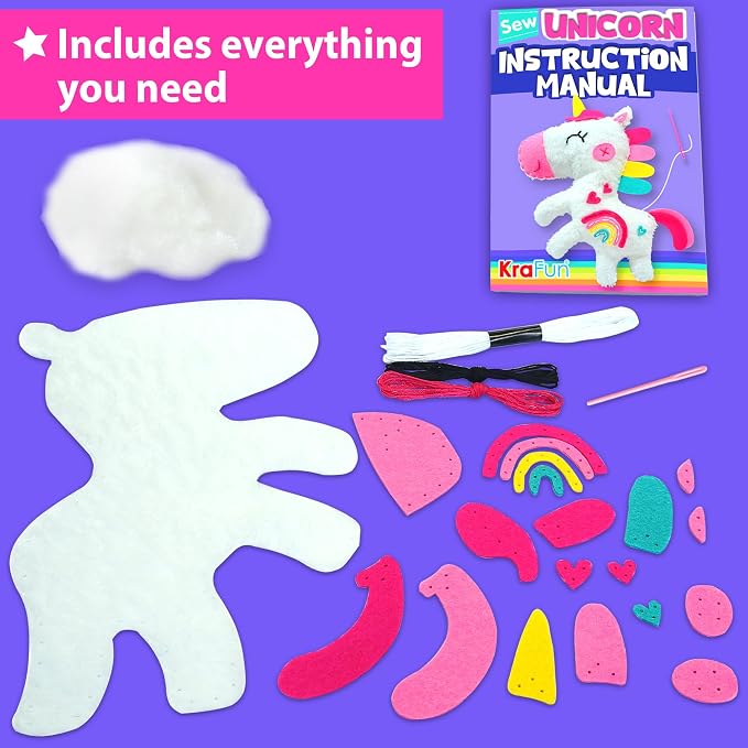 KRAFUN Unicorn Sewing Kit for Kids Ages 8-12 | No Scissors | Pre-cut & - Image 3