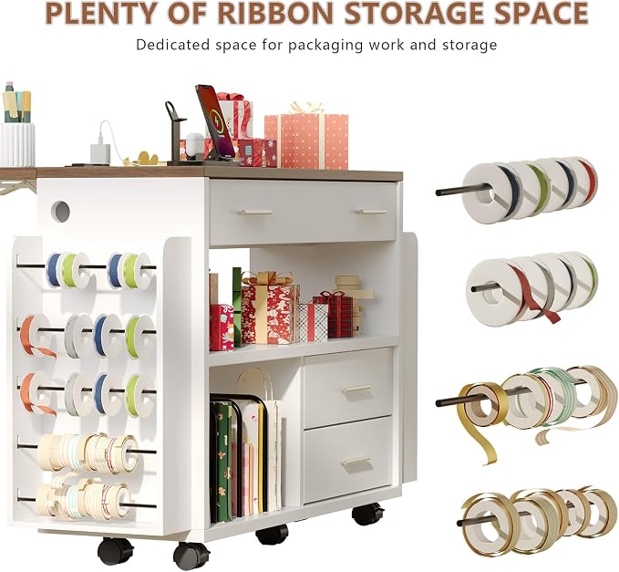 Gift Wrap Storage Cart with Foldable Drop Leaf, Crafting Table with Storage | - Image 8