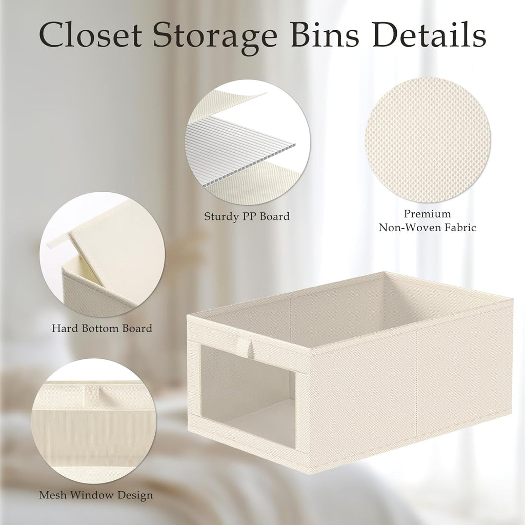 Criusia Linen Closet Organizers and Storage, 8 Pack Large Linen Closet Baskets with Mesh Window for Organization, Foldable Closet Organizer for Clothing, Towels, Toys, Nursery, Books, Shelves, Beige