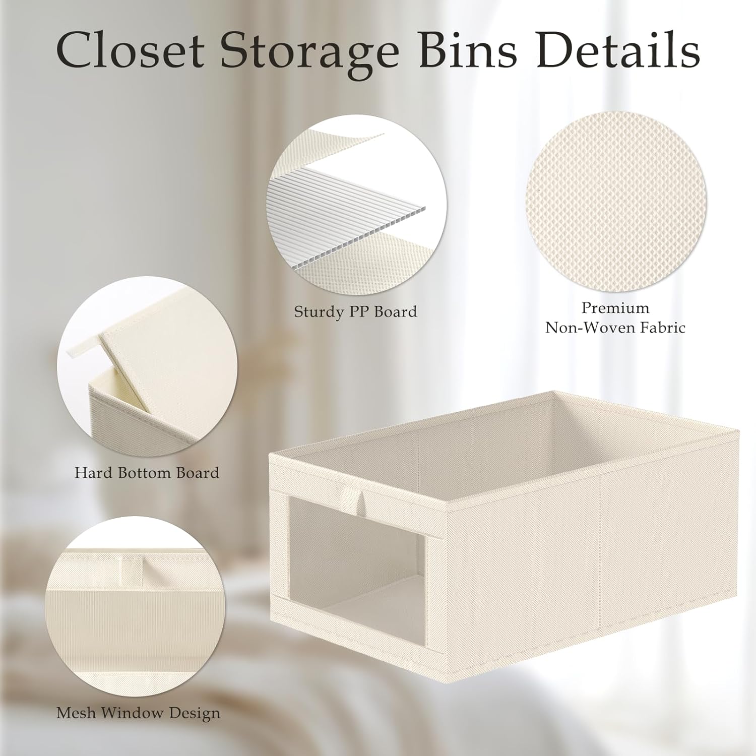 Criusia Linen Closet Organizers and Storage, 4 Pack Linen Closet Baskets with Mesh Window for Organization, Foldable Closet Organizer for Clothing, Towels, Toys, Nursery, Books, Shelves, Beige
