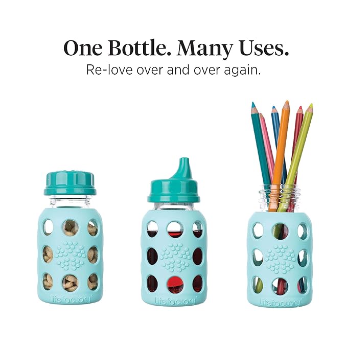 Lifefactory Baby Bottle Starter Set 12-Piece | 4 oz Mint & Lavender, 9 oz Kale & Grape | Includes Flat Caps, Sippy Caps, Stage 3 Nipples