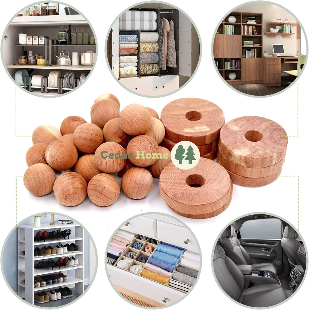 Cedar Blocks for Clothes Storage | Cedar Balls & Rings | Dresser Drawer Freshener Odor Eliminator | 40 Pieces, 30 Rings & Bonus 10 Balls, U.S.A Seller