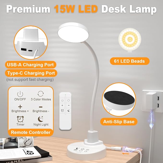 15W LED Desk Lamp with USB Charging Ports, Dimmable Table Lamp with 3 Color - Image 9