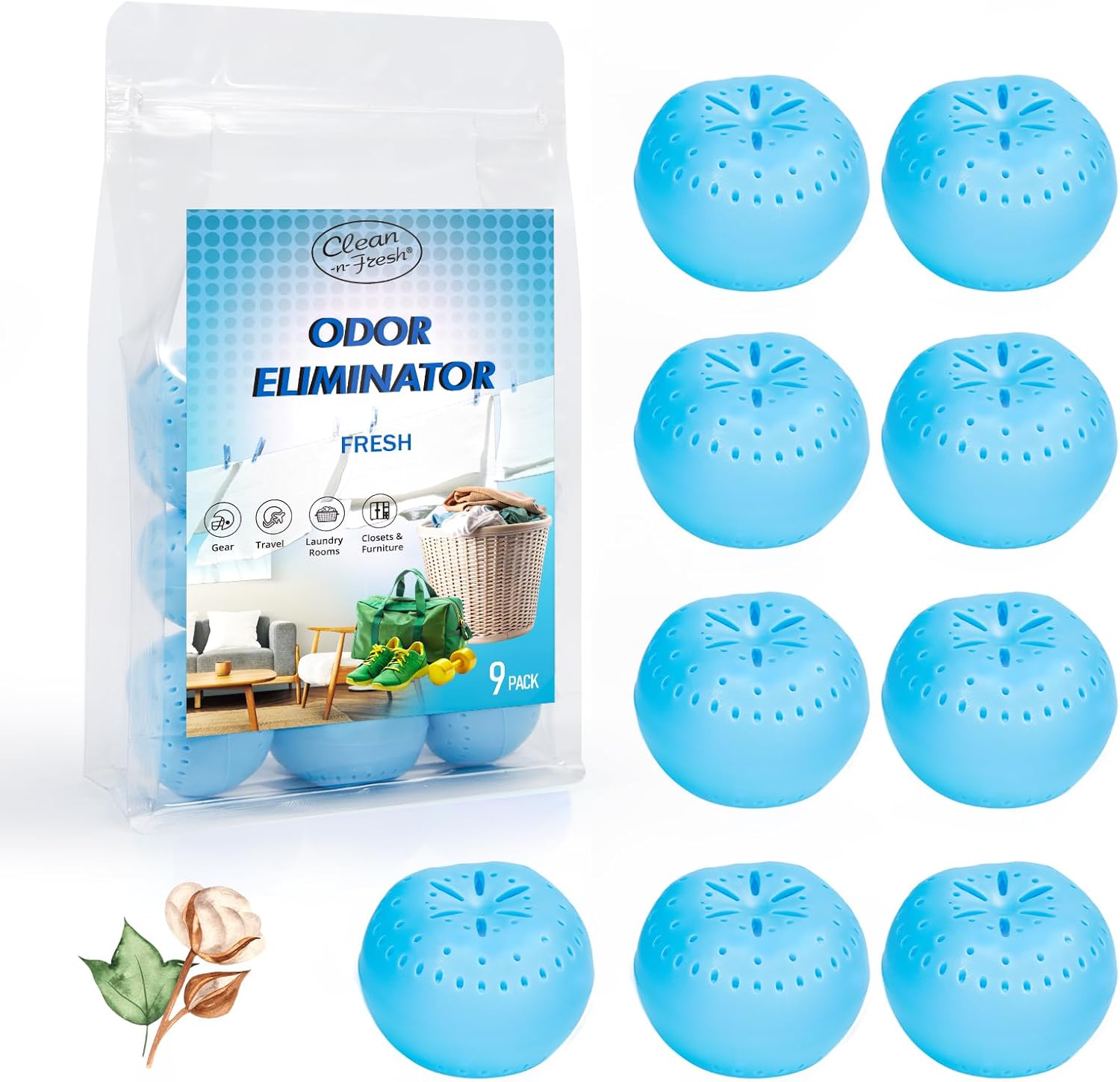 9 Pack Baking Soda Deodorizers, Fresh Scent Shoe Deodorizer Balls, Air Freshener for Home, Odor Eliminator for Closets Bathroom Pets, Up to 80 Days