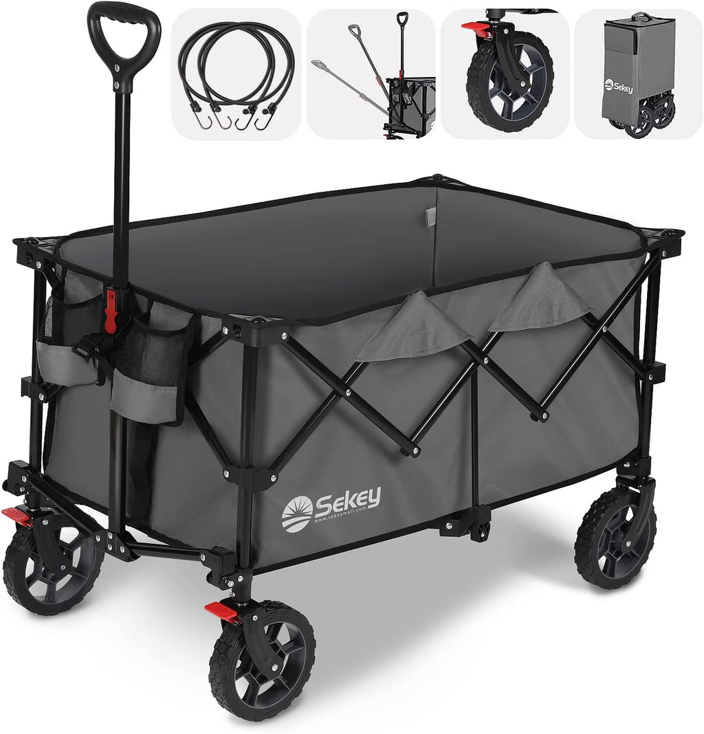 Sekey 220L Collapsible Foldable Wagon with 330lbs Weight Capacity, Heavy Duty Folding Wagon Cart with Big All-Terrain Wheels & Drink Holders (Grey)