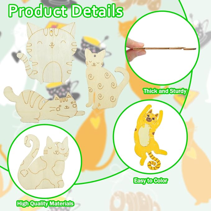 40 pcs Mixed Styles Lovely Cat Theme Unfinished Wood Cutout Charms Kitten Pet - Image 3