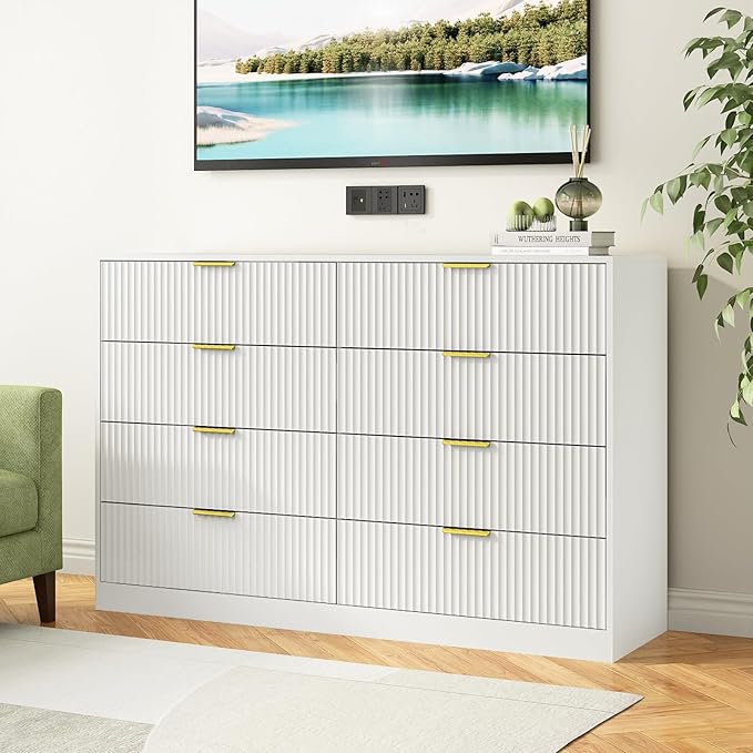 8 Drawer Dresser for Bedroom, Modern Fluted Double Dresser, 55" Wide Chest of Dressers, Wooden Beside Table for Closet, Living Room and Entryway, White