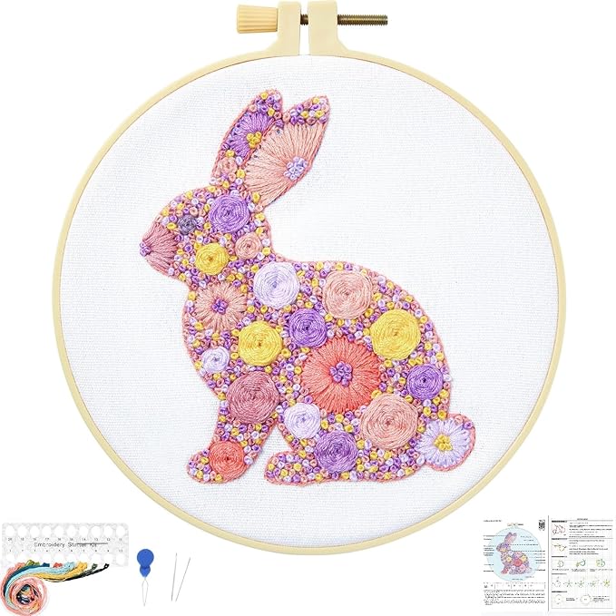Easter Embroidery Kits for Beginners Adults, Flowers Bunny Embroidery Kits by Unknown