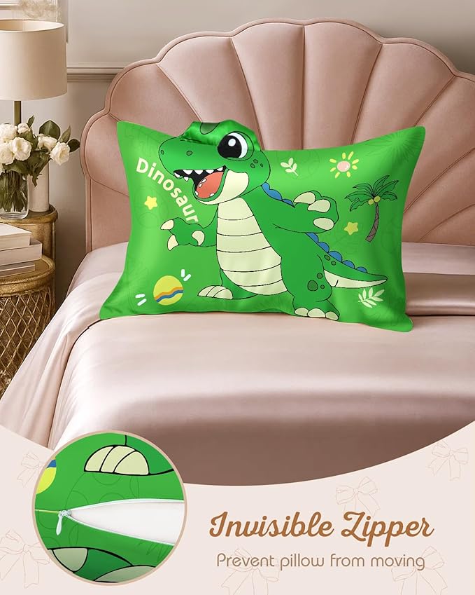 Kids Pillowcases Standard Size 20"x26" - Cute Cartoon Soft Breathable Silk Pillow Cases for Hair and Skin with Hidden Zipper for Fun Kawaii Design for Bedding, Green Dnosaur