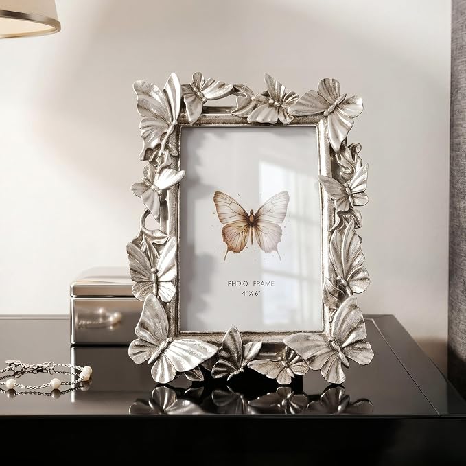 4x6 Silver Picture Frame, Butterfly Photo Frame, Vintage Elegant Decor | Fits - Image 3
