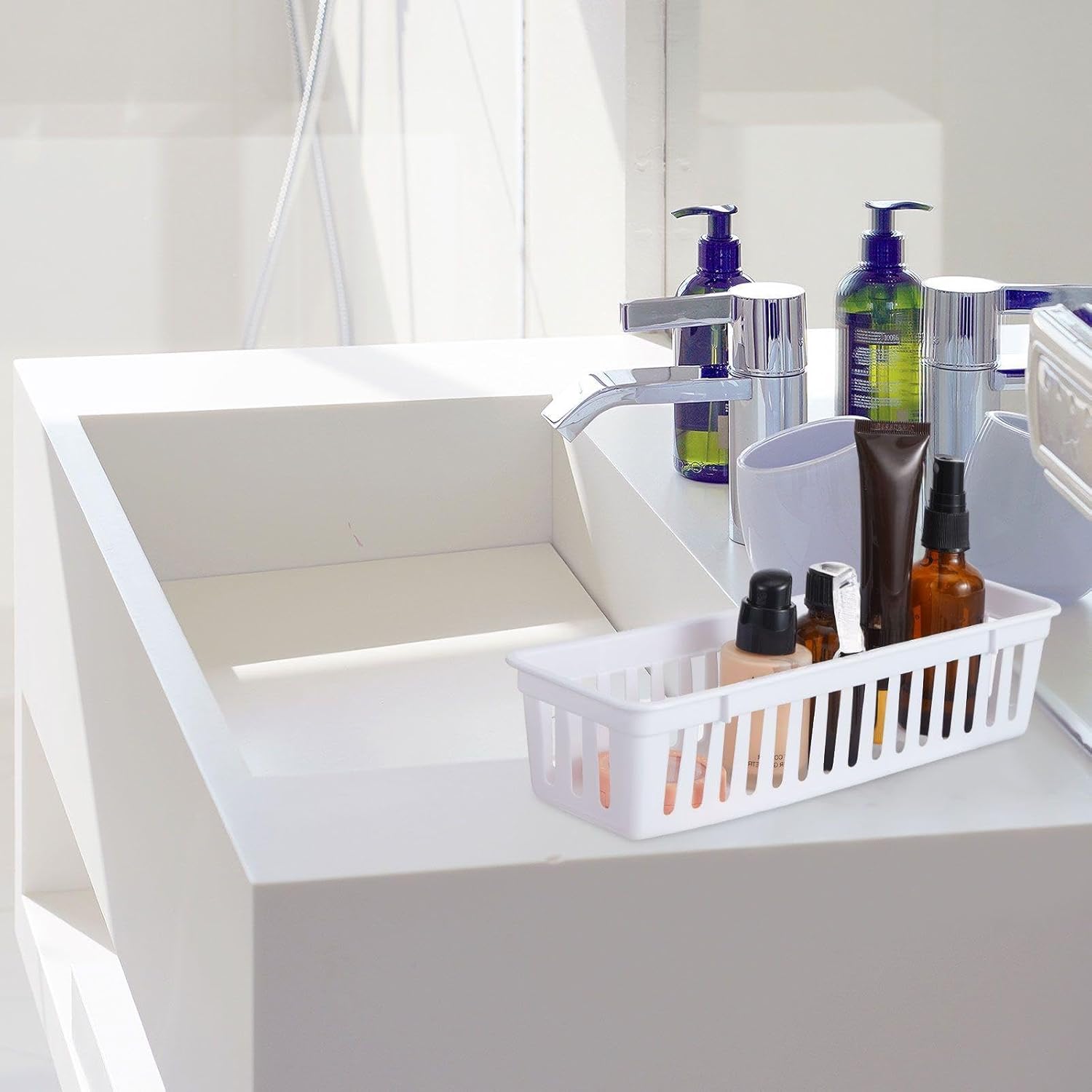 Domensi 24 Pcs Slim Plastic Storage Baskets Tray for Organizing 10.25 x 3.25 x 2.5 Inch Small Storage Bins Stackable Drawer Pencil Trays Holder for Desk Garage Office Containers(White)