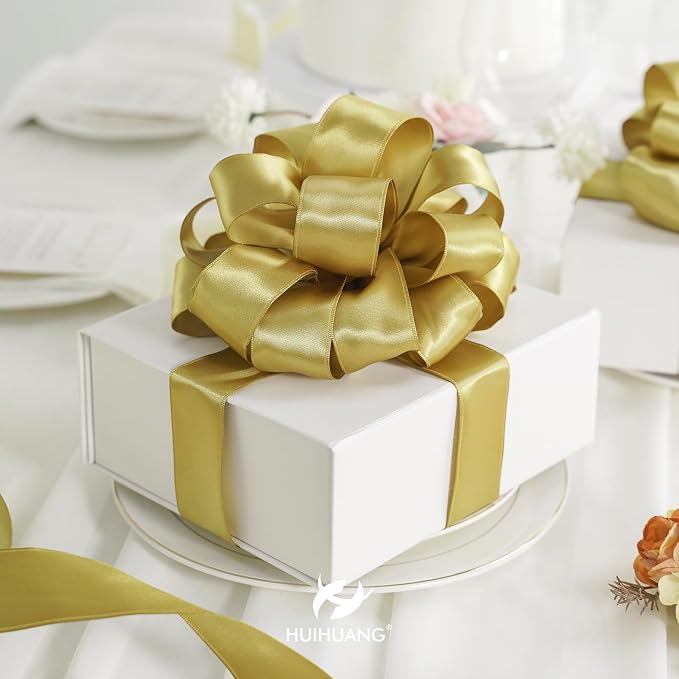 HUIHUANG Gold Satin Wired Ribbon 1-1/2 inch Gold Christmas Ribbon - Image 3