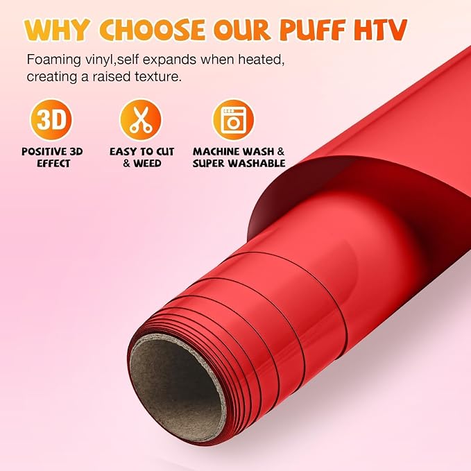 VinylRus Red Puff Vinyl Heat Transfer -12” x 6ft Puffy 3D Iron on Vinyl - Image 5